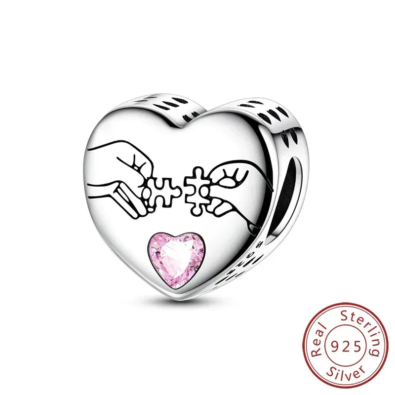 925 Silver Valentine's Day Charms Bead Sparkling Sweet Heart Rose Bear Charm Fit Original Bracelet Bangle Woman DIY Jewelry Gift