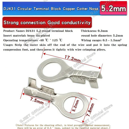100PCS Circular Terminal Blocks DJ431 O-ring lugs Cold pressed connectors Copper lugs Terminal blocks Open ended bare ends 6.3mm