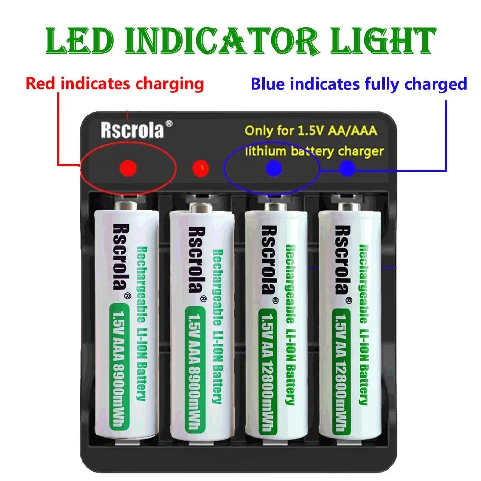 Rechargeable Lithium Battery AA 12800mWh Long-Lasting AA Rechargeable Batteries with Charger for Remote Controller Toys Doorbell