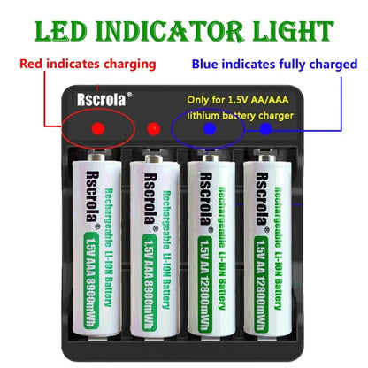Rechargeable Lithium Battery AA 12800mWh Long-Lasting AA Rechargeable Batteries with Charger for Remote Controller Toys Doorbell