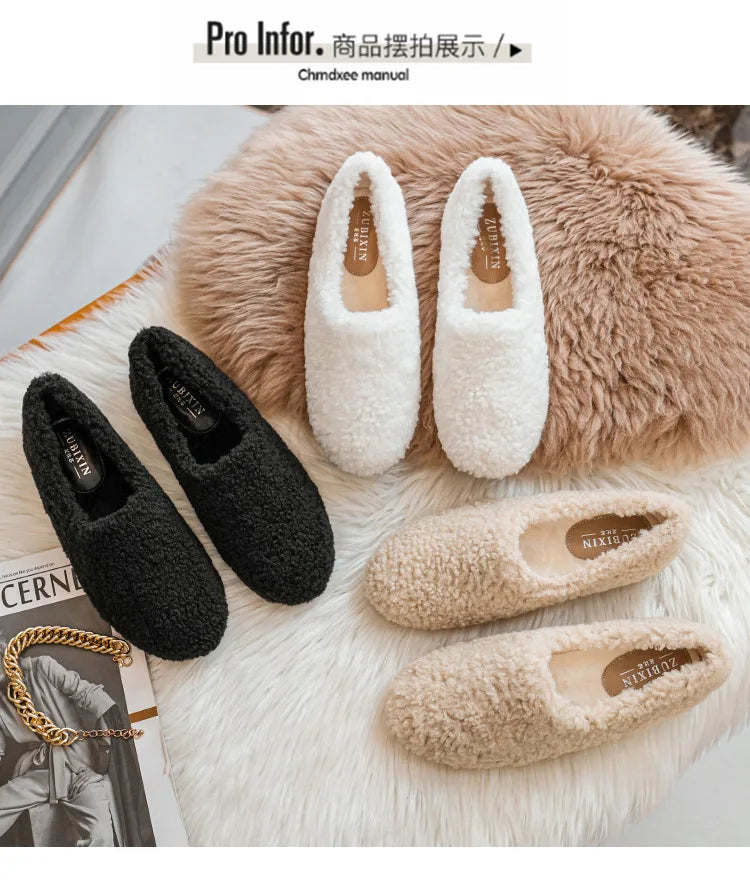Big Size 43 Women Lambswool Slippers Winter Sheep Fur Shoes Ladies Flat Cotton Slides Home Pantuflas Daily Slip On Furry Mules