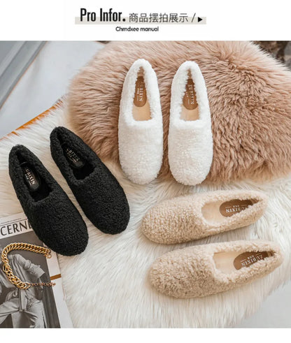 Big Size 43 Women Lambswool Slippers Winter Sheep Fur Shoes Ladies Flat Cotton Slides Home Pantuflas Daily Slip On Furry Mules