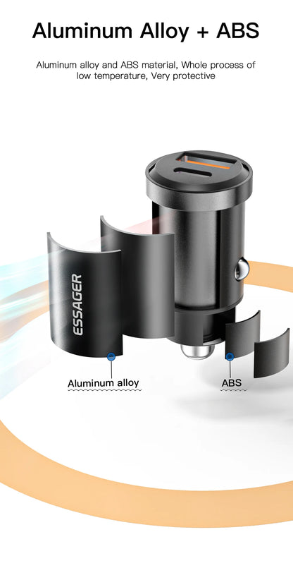 Essager USB Car Charger Quick Charge 4.0 QC4.0 PD3.0 SCP 5A Type C 30W Fast Car USB Charger For iPhone 13 12 Xiaomi Mobile Phone