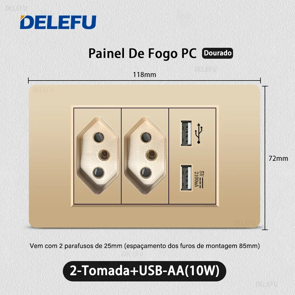 DELEFU Brazil Standard 10A 20A Gold Fireproof PC Panel Dual USB Type C Home Wall Light Switch Safe Power Socket