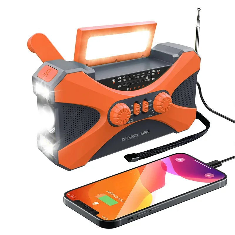 Multifunctional 10000mAh Solar Crank Radio  AM/FM/NOAA Weather Alert, Dual Stereo Speakers, Phone Charger, LED Torch & SOS Alarm
