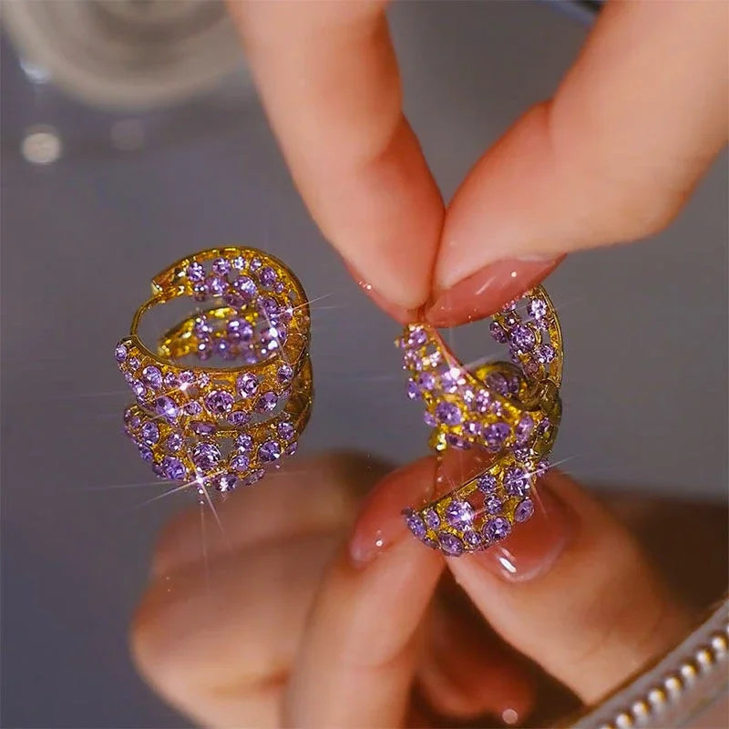 2024 Retro Purple Zircon Hollow Hoop Earrings for Women New Fashion Trend Exquisite Elegant Ladies Wedding Premium Party Jewelry