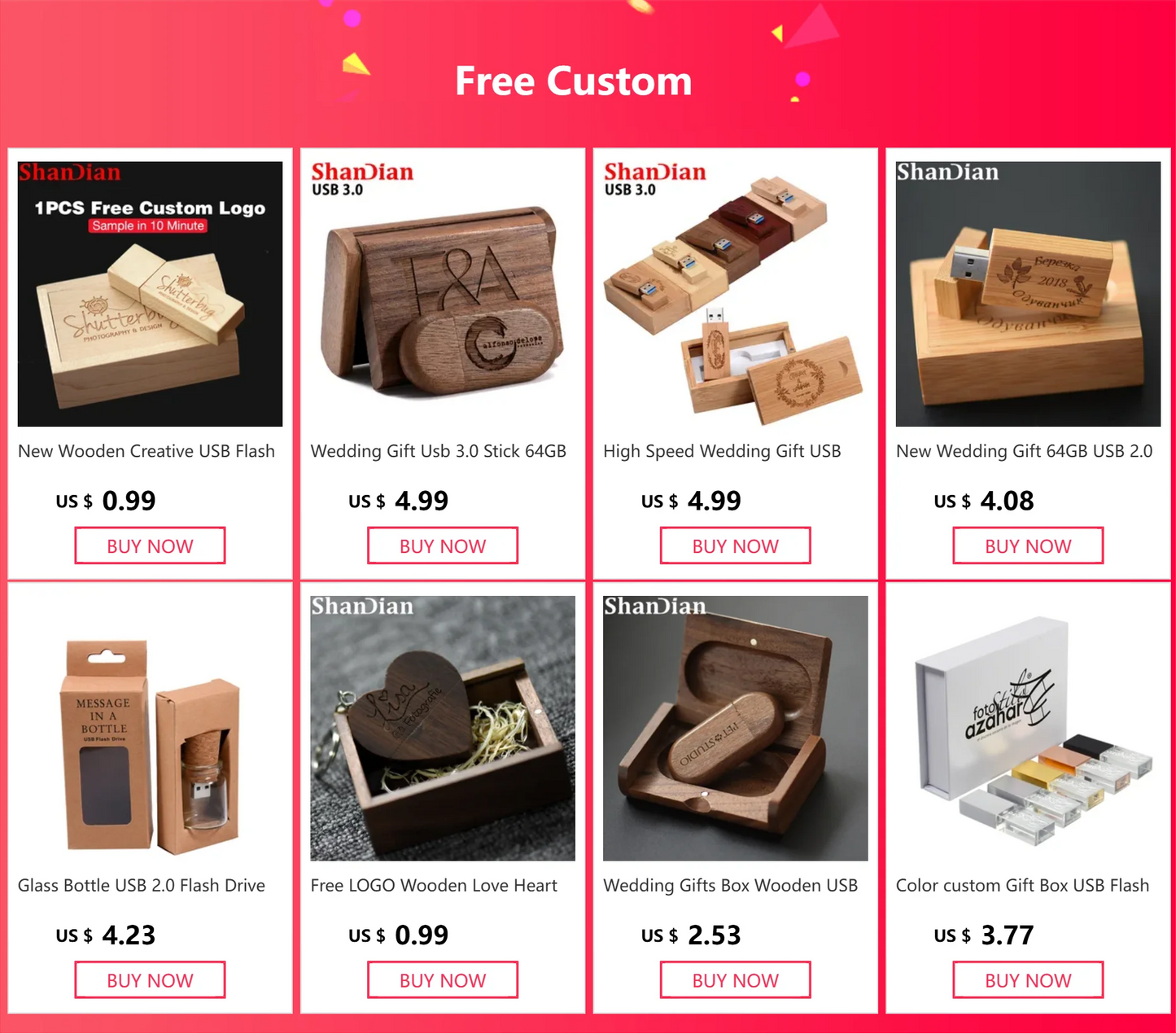 Walnut Album Box USB Flash Drives 128GB Photography Studio Memory Stick 64GB Free Custom Logo Pen Drive 32GB 16GB Wedding Gift