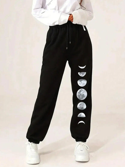 Different Forms Of The Moon Print Casual Versatile Women Pants Fashion Trendy Trousers With Drawstring Pockets Sweatpants Female