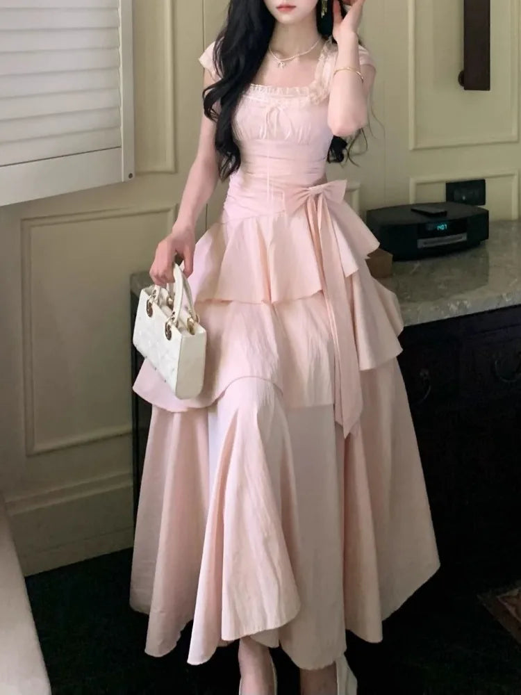 Pink Square Collar Korean Style Long Dress Women Japan Style Sweet Elegant Fairy Dress Female Fashion Summer Casual Party Dress