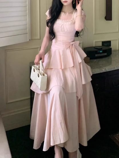 Pink Square Collar Korean Style Long Dress Women Japan Style Sweet Elegant Fairy Dress Female Fashion Summer Casual Party Dress