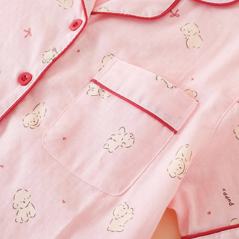 Summer Women Pajamas 3 Pieces Set 100% Gauze Cotton Female Sleepwear Bedroom Set Short sleeved long pants + shorts Woman Piiama