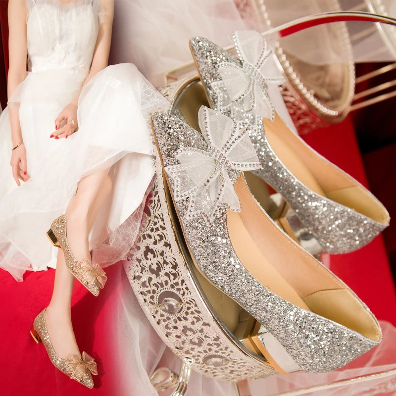 Crystal Butterfly-knot Flat Wedding Shoes Slip  Shoes Women Shiny Gold Silver Bridal Shoes Beaded  Flat Heels Med (3cm-5cm)