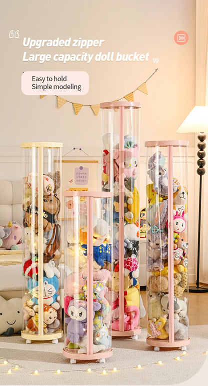 Transparent Multi-Functional Storage Bucket with Lid And Optional Wheels for Dolls Plush Toys Holiday Decorations Display Shelf