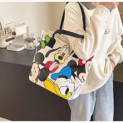Cartoon Mickey Tote Bag Canvas Bag with Goofy Pattern Shoulder Bag Fashion Travel Large Capacity Canvas Bag Women Shopping Use