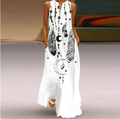 Sleeveless Feather Printed Dress Bohemian Vest Dresses Trendy Beach Casual Loose Robe Colorful Summer