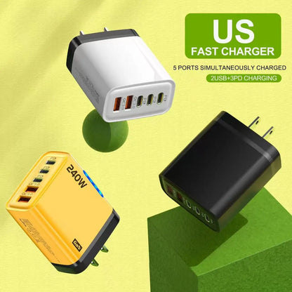 240W GaN Fast Charger 3 USB-C 2 USB-A Ports PD QC3.0 for iPhone 17 16 Galaxy S25 S24 Xiaomi 16 15 Huawei Mate 70 60 Oppo Vivo