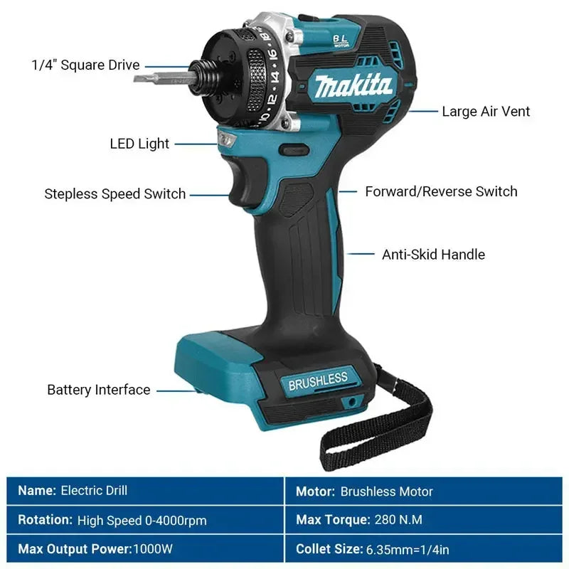 Makita 4000RPM Brushless Electric Screwdriver 3800IPM 180Nm Electric Drill Impact Driver Wood/Bolt/T-Mode For 18V Battery