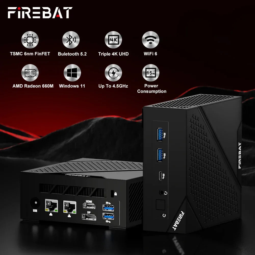 FIREBAT MINI PC AM02 AMD Ryzen 5 6600H 16GB DDR5 RAM 512GB SSD WIFI6 BT5.2 Windows11 Portable Desktop Computer Network port HDMI