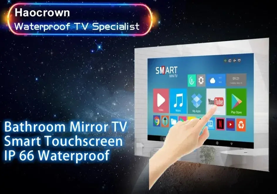 Go Haocrown 19 Inch Touchscreen Mirror TV Bathroom, IP66 Waterproof Android Television Built-In Wi-Fi ATSC Tuner -- US