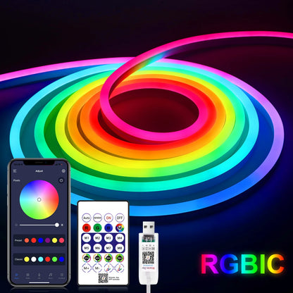 WS2812 RGBIC RGB LED Neon Light Strip,5V USB Waterproof Bluetooth Diode Neon Tape Ribbon with Remote for Room Ceiling Decoration
