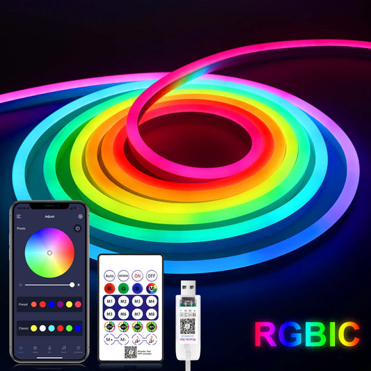 WS2812 RGBIC RGB LED Neon Light Strip,5V USB Waterproof Bluetooth Diode Neon Tape Ribbon with Remote for Room Ceiling Decoration by PDG ibma