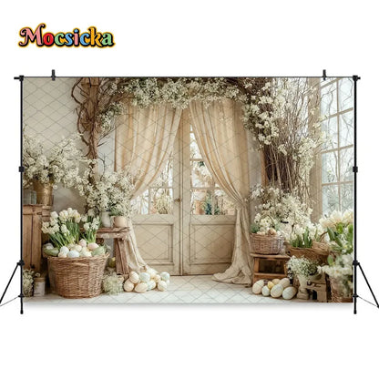 Mocsicka Spring Easter Background Photography White Retro Door Colorful Egg Floral Backdrop Maternity Newborn Photozone Studio