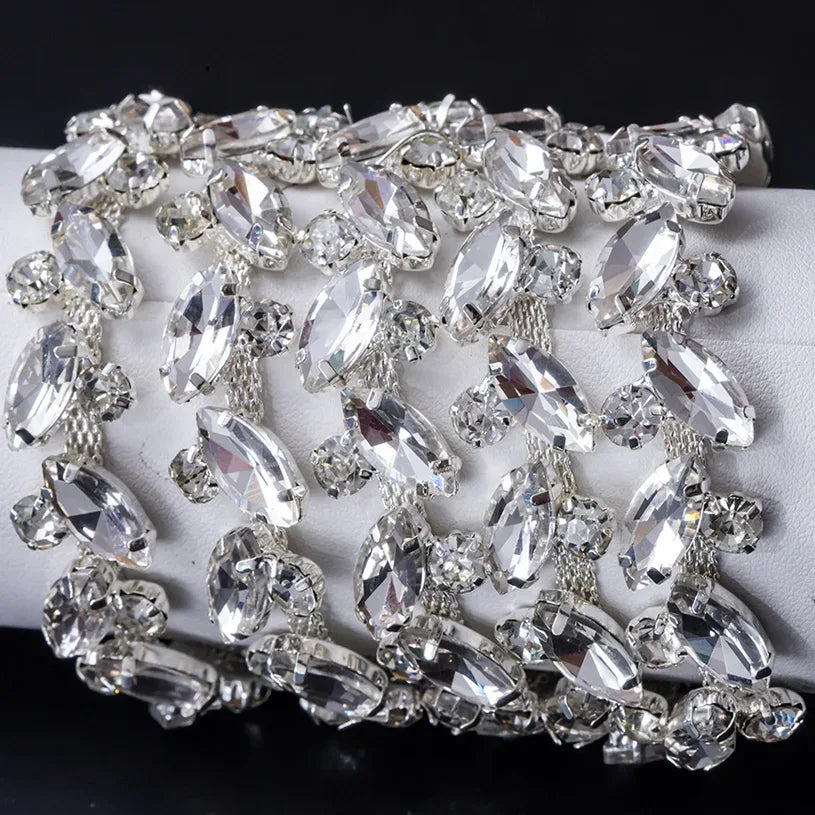 QIAO 90cm Rhinestone Crystal Chain Diamante Lace Diamond Trim Ribbon Necklace Applique Gem Sparkle Wedding Dress for DIY Craft