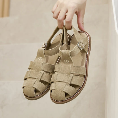 AIYUQI Flat-soled Retro Genuine Leather Hollow Baotou Sandals Women's 2026 New Hollow Pig Cage Women's Sandals