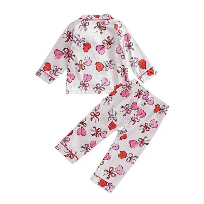 Kids Girls Valentine's Day Printed Pajamas Set Sweet Heart Print Long Sleeve Tops and Elastic Band Pants 2Piece Child Loungewear