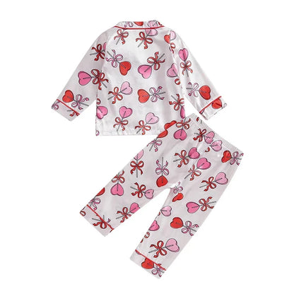 Kids Girls Valentine's Day Printed Pajamas Set Sweet Heart Print Long Sleeve Tops and Elastic Band Pants 2Piece Child Loungewear