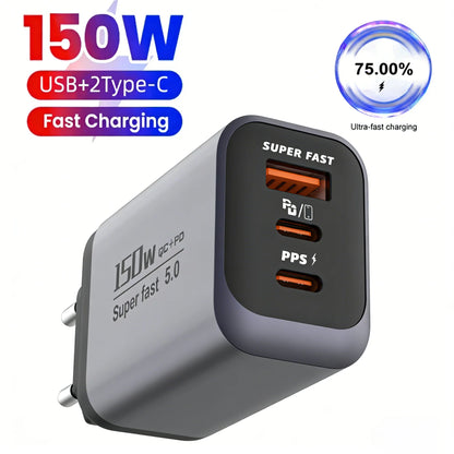 150W Fast Charger 3 Ports USB C PD3.0 QC3.0 Super Fast Wall Adapter for iPhone 17 16 Pro Samsung S24 Xiaomi 15 Huawei EU UK US