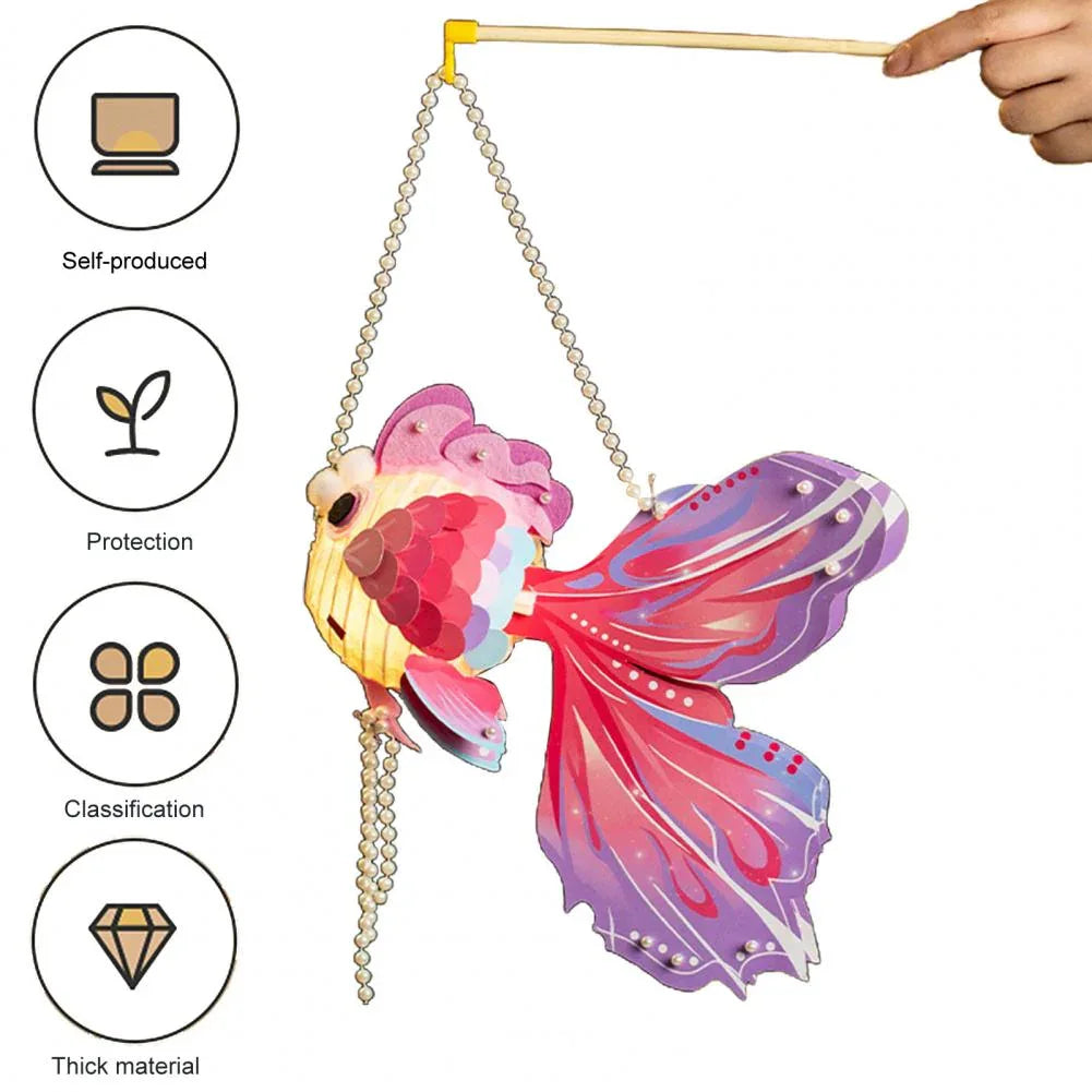 1 Set Goldfish Paper Lantern with Pole DIY Handmade Lantern Chinese New Year Mid-Autumn Festival Fish Night Light Material Bag