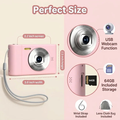 FUNNY PANDA Pink Digital Camera, 44MP 1080P Vlogging Camera with 16X Zoom, 2.2 Inch Screen, Self Timer, Webcam Mode, Plug and Play, 64GB Card Included, Ultra Lightweight Compact Retro Design