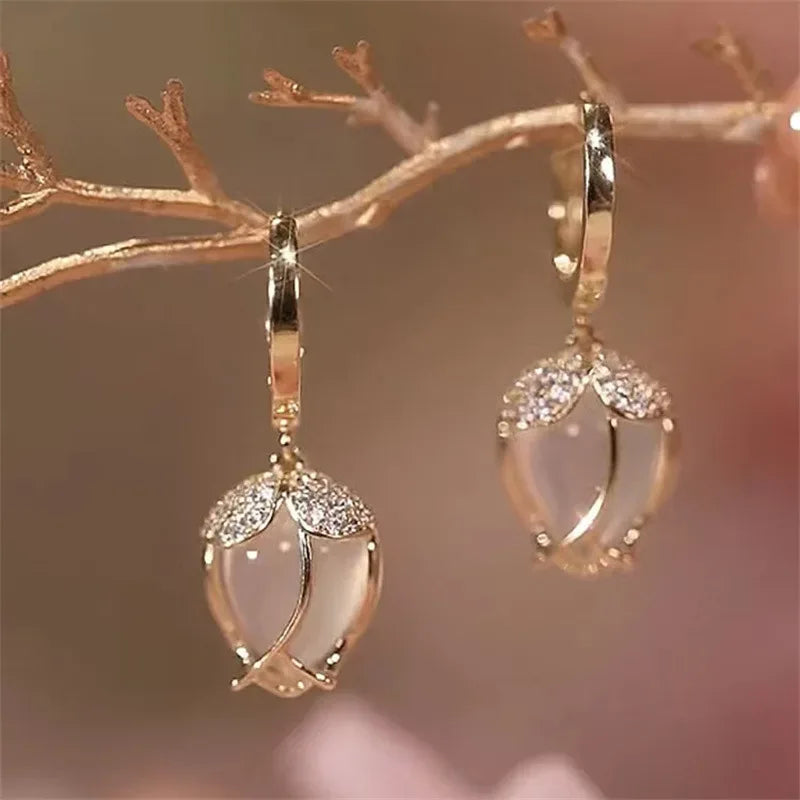 Gold Plated Trendy tulip opal earrings For Women simple fashion temperament earrings Valentine's Day Anniversary Gifts