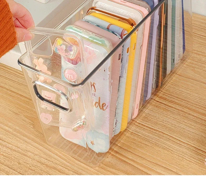 Ins Transparent Phone Case Organizer Storage Box with Cover Home Desktop Acrylic Sundries Storage Basket Phone Case Holder