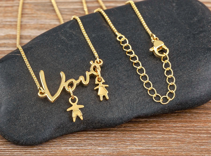 Nidin Exquisite Gold Plated Mom Daughter Necklace Girl Boy Pendant Chain Choker Cubic Zirconia Jewelry Mother's Day Gift