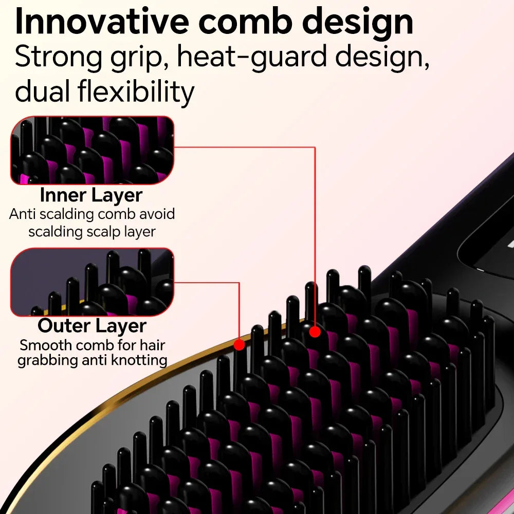 Rechargeable Hair Straightener Brush with 20s Fast Heating and 3 Temp Settings, Straightening Comb with Negative Ions for Women