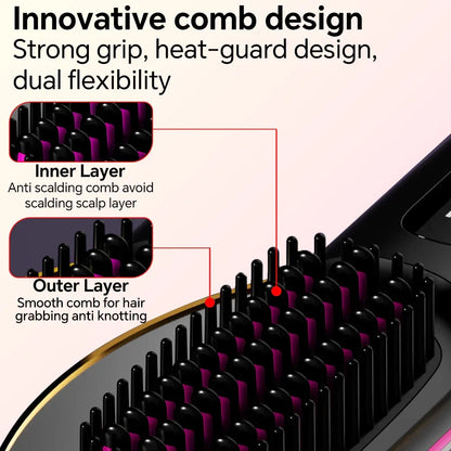 Rechargeable Hair Straightener Brush with 20s Fast Heating and 3 Temp Settings, Straightening Comb with Negative Ions for Women
