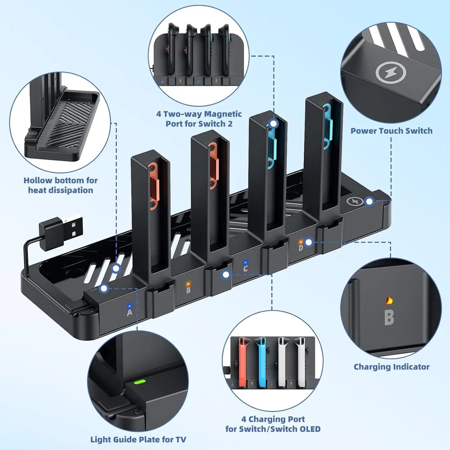 Dual Charging Magnetic for 4 Joy Con Charger for Nintendo Switch 2 & OLED, Fast Charging Dock for Switch 1/2 Accessories