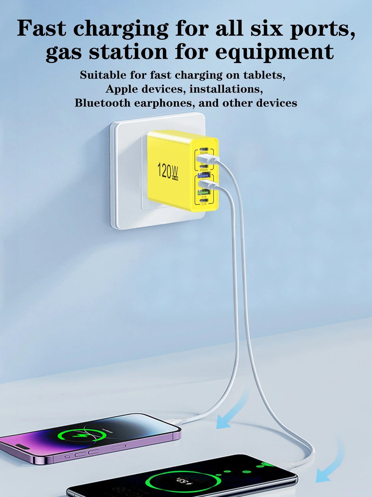 PD 120W USB Type C Fast Charging Mobile Phone Charger 7 Ports EU/US Plug Charger For iPhone Huawei Xiaomi Samsung Wall Charger