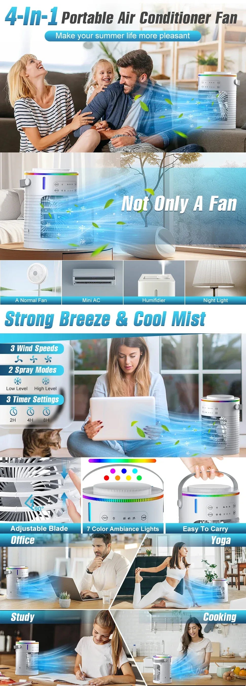 Air Conditioner Portable Desktop Air Cooler Fan with LED Night Light & Humidifier, Mini Mist Cooling Fan for Office Home