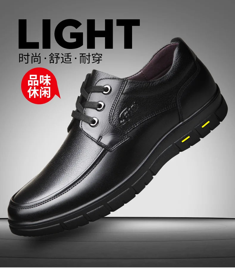 Autumn Men's Leather Shoes True Cowhide Flat Bottom Anti-Slip Plus Size Casual Elderly Father Shoes Rubber Sole China Made