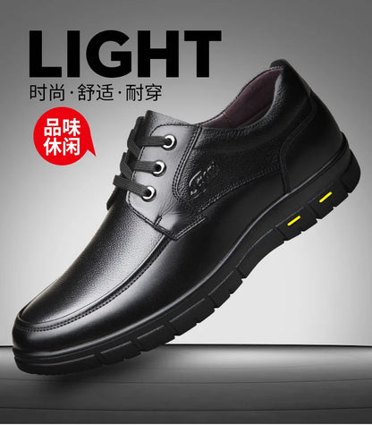 Autumn Men's Leather Shoes True Cowhide Flat Bottom Anti-Slip Plus Size Casual Elderly Father Shoes Rubber Sole China Made