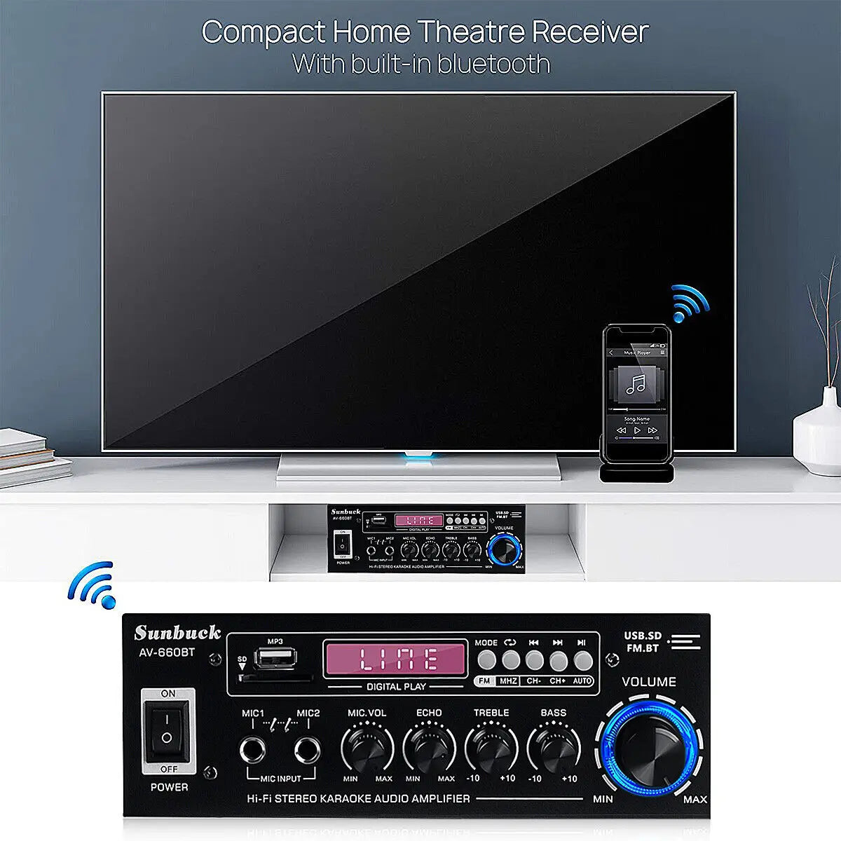 AK35/AV-660BT Audio Power Amplifiers 2 Channel Bluetooth-Compatible HIFI Sound Amplificador 110/220V Home Theater Sound System