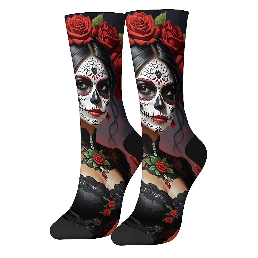 Mens Art Day of the Dead Themed Socks Mexican Grim Reaper Vintage Floral Design Soft Breathable Crew Socks Novelty Holiday Gift