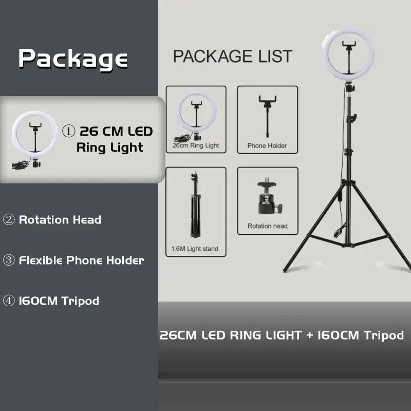 10" 26cm LED Selfie Ring Light Photography Video Light RingLight Phone Stand Tripod Fill Light Dimmable Lamp Trepied Streaming