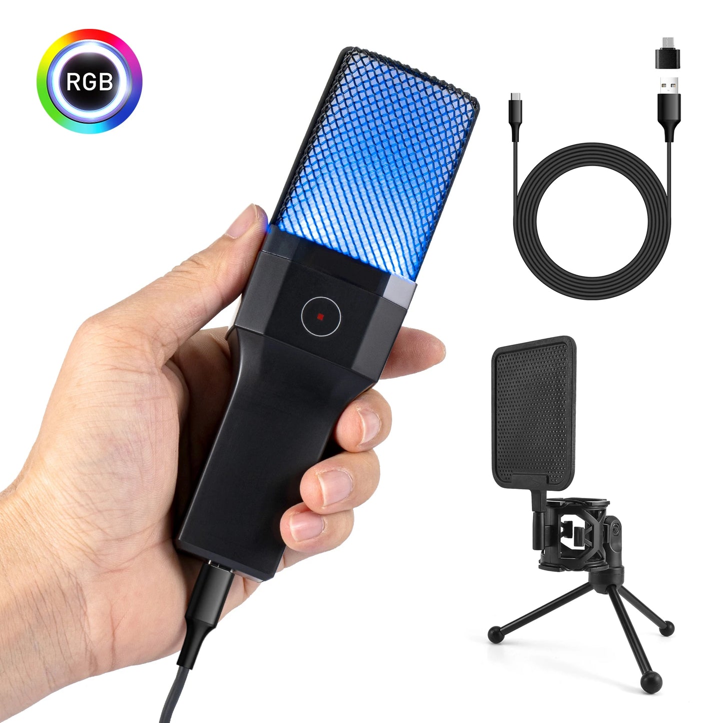 Professional Microphone Condenser Gaming Mic PC Laptop Computer USB Wired Streaming Studio Podcast Mike Kit Gamer RGB PC Karaoke