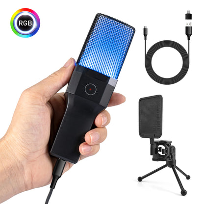 Professional Microphone Condenser Gaming Mic PC Laptop Computer USB Wired Streaming Studio Podcast Mike Kit Gamer RGB PC Karaoke