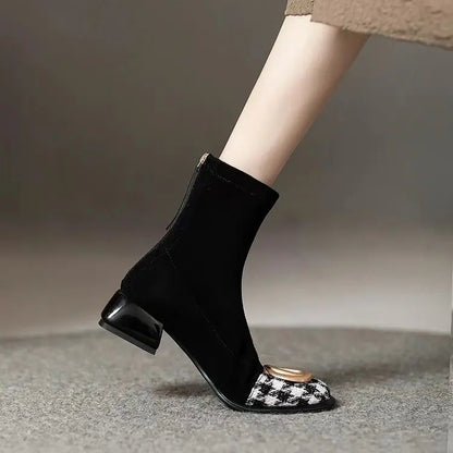 Women Mid Heels Chelsea Boots Chunky Suede Ankle Shoes Winter 2024 Fashion New Zipper Boots Pumps Walking Punk Warm Sock Botas