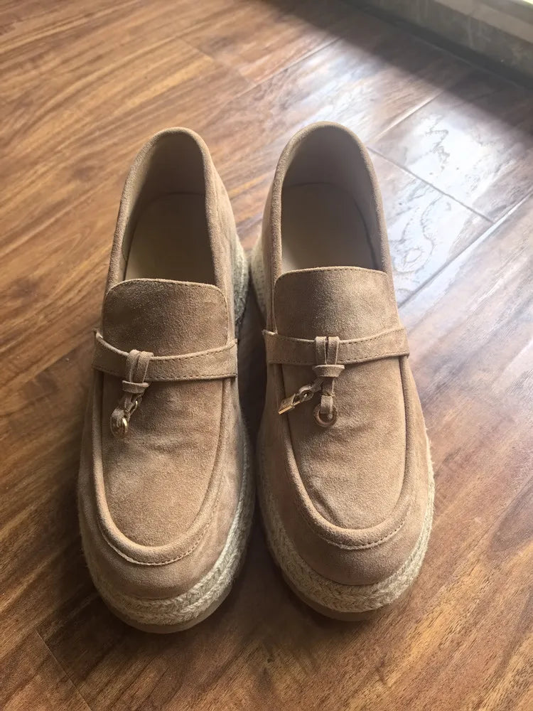 MKKHOU Fashion Loafers New High Quality Real Leather Suede Vintage Straw Braid Platform Shoes Daily Casual Light Shoes Neutral
